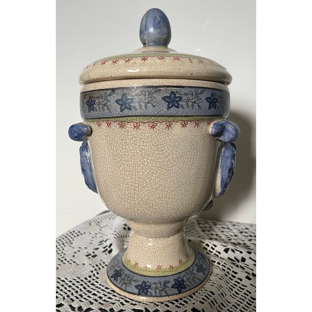 Vintage French Country Blue Beige Crackle Urn